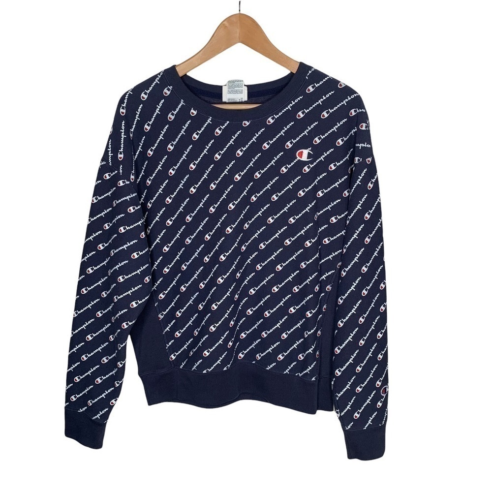Champion Womens Reverse Weave Logo Print Sweatshirt Large Navy pullover